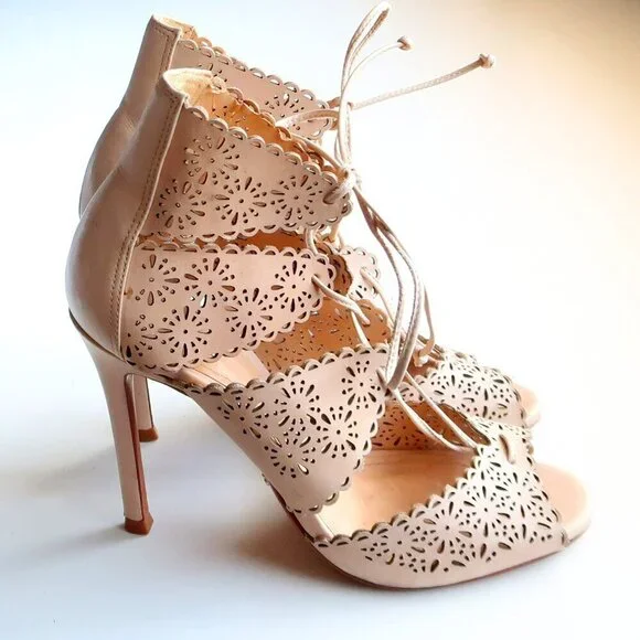 Schutz Tan Perforated Leather Heels Lace-up Peep Toe Summer Shoes Size 6.5 - Picture 2 of 16